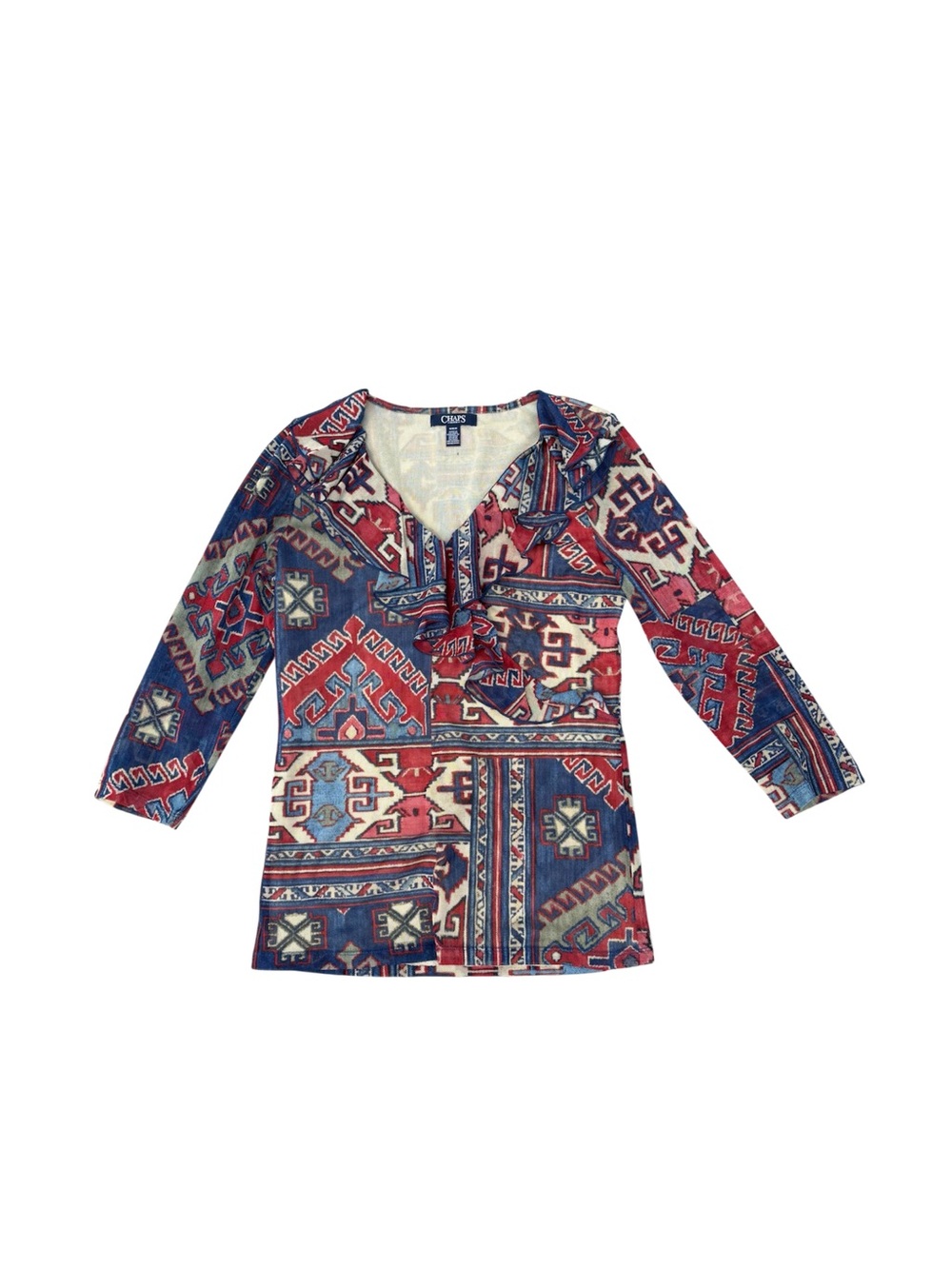 Chaps Women's Red & Blue Geometric Mesh Top Ruffle Detail